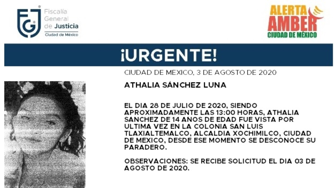 Activan Alerta Amber para localizar a Athalia Sánchez Luna