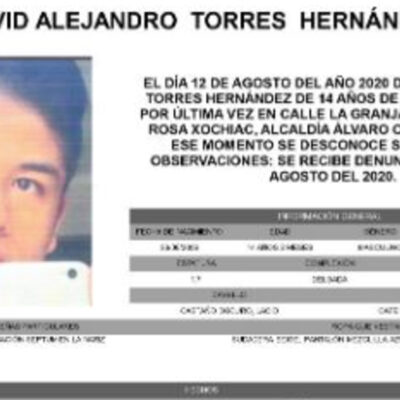Activan Alerta Amber para localizar a David Alejandro Torres Hernández