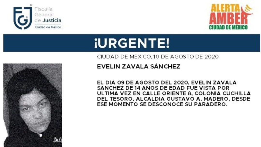 Activan Alerta Amber para localizar a Evelin Zavala Sánchez