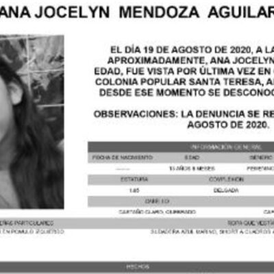 Activan Alerta Amber para localizar a Ana Jocelyn Mendoza Aguilar