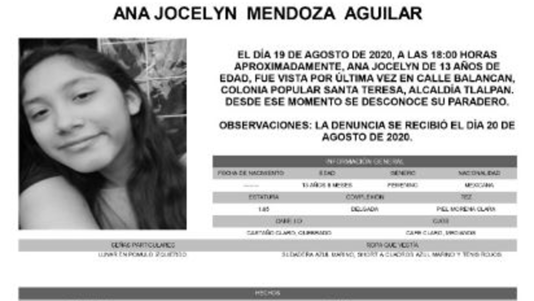 Activan Alerta Amber para localizar a Ana Jocelyn Mendoza Aguilar