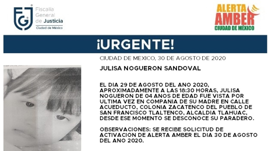 Activan Alerta Amber para localizar a Julisa Noguerón Sandoval