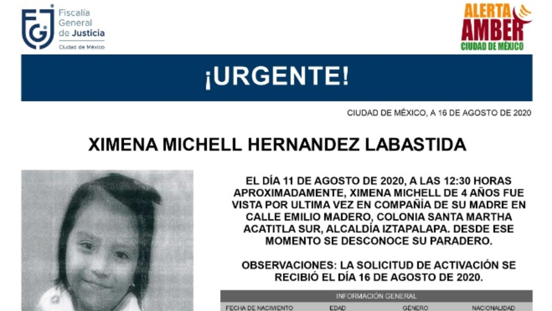 Activan Alerta Amber para localizar a Ximena Michell Hernández Labastida