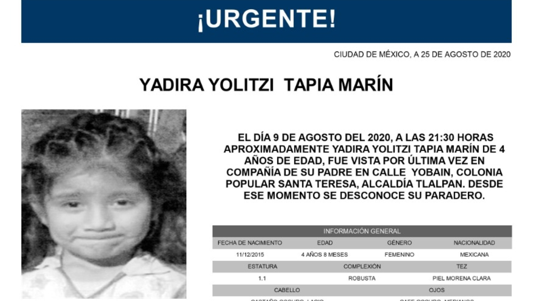 Activan Alerta Amber para localizar a Yadira Yolitzi Tapia Marín