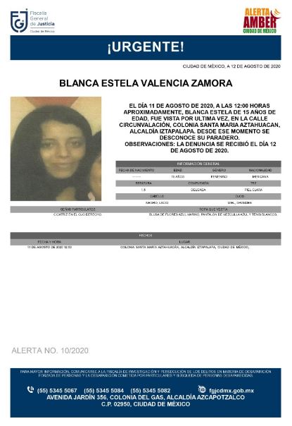 Activan Alerta Amber para localizar a Blanca Estela Valencia Zamora.