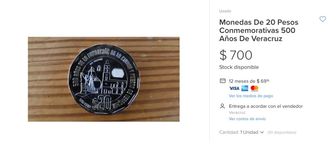 Moneda de 20 pesos sobre Veracruz se vende hasta en 700