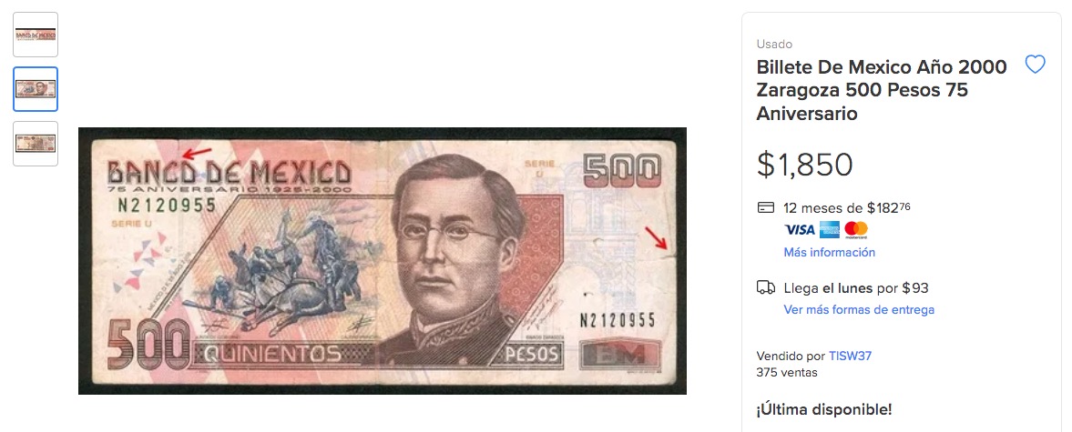 Billete 500 pesos de Ignacio Zaragoza se vende en $1850
