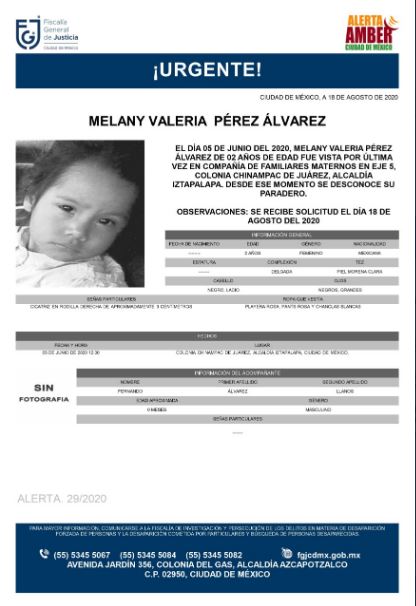 Activan Alerta Amber para localizar a Melany Valeria Pérez Álvarez