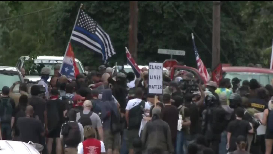 Varias decenas de manifestantes de derecha, algunos con banderas confederadas y aparejos militares, se congregaron en el centro de Stone Mountain