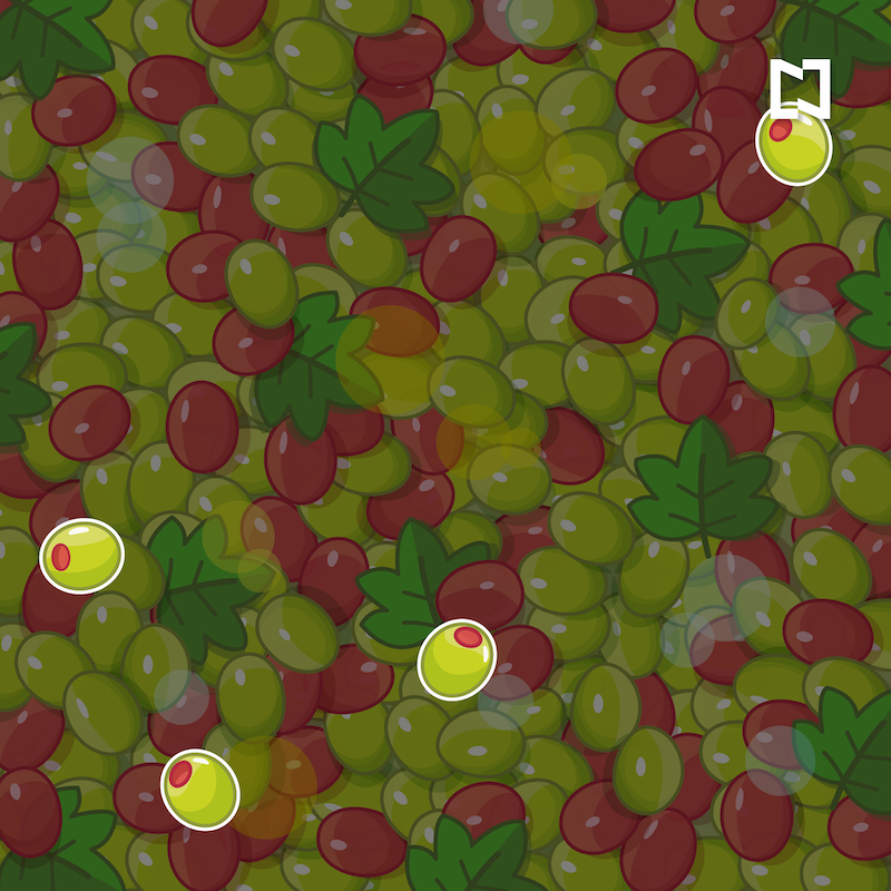 Encuentra 4 aceitunas entre las uvas, ilustración