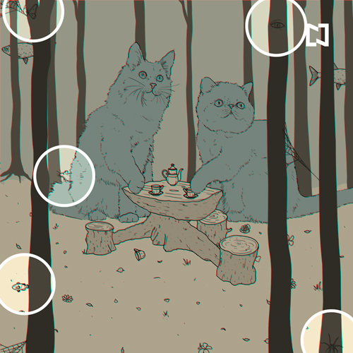 Respuesta del reto visual para encontrar 4 animales y un ojo, ilustración