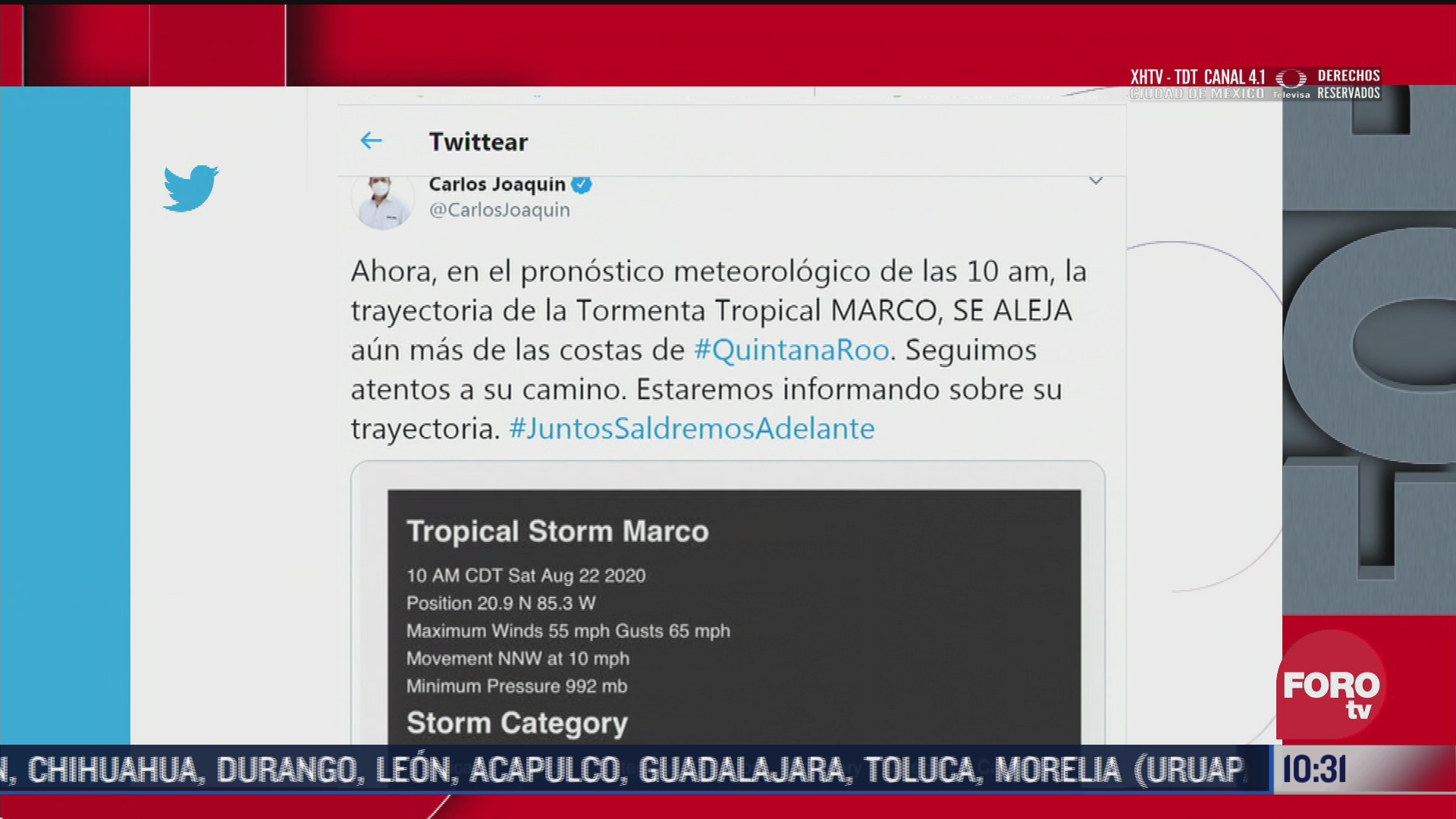 tormenta tropical marco se aleja de quintana roo gobernador carlos joaquin