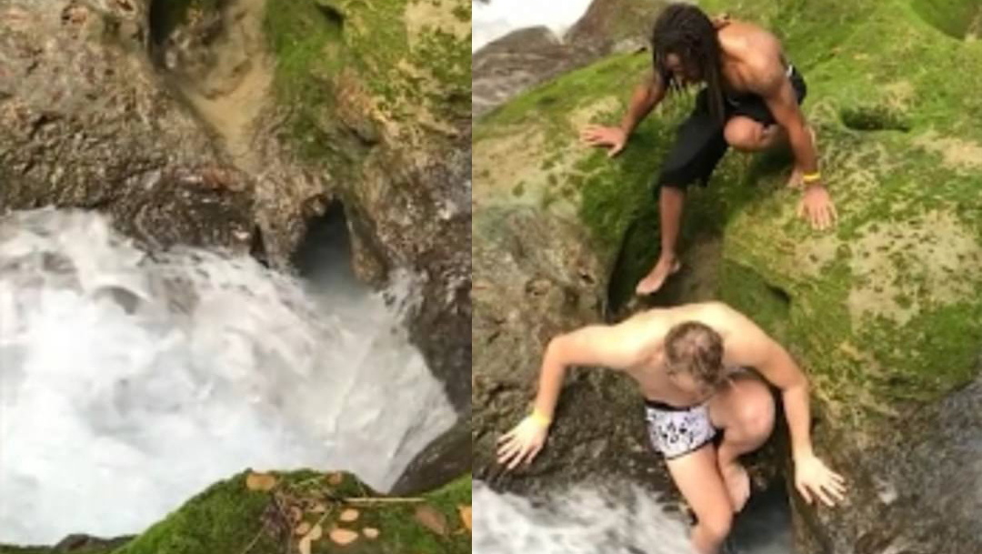 Impresionante video muestra como dos turistas de Noruega desaparecen tras saltar en una cascada en Jamaica, Captura de Pantalla