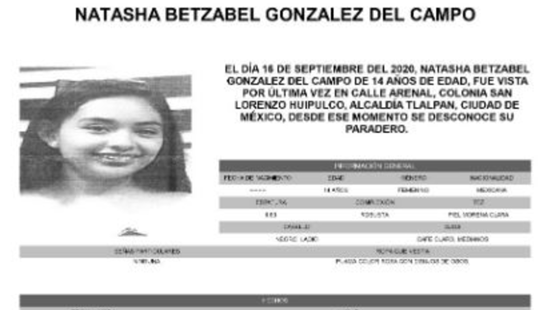 Activan Alerta Amber para localizar a Natasha Betzabel González del Campo