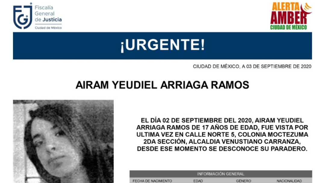 Activan Alerta Amber para localizar a Airam Yeudiel Arriaga Ramos