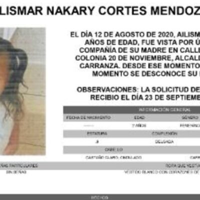 Activan Alerta Amber para localizar a Alismar Nakary Cortes Mendoza