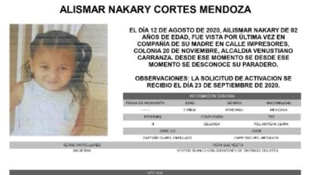 Activan Alerta Amber para localizar a Alismar Nakary Cortes Mendoza.