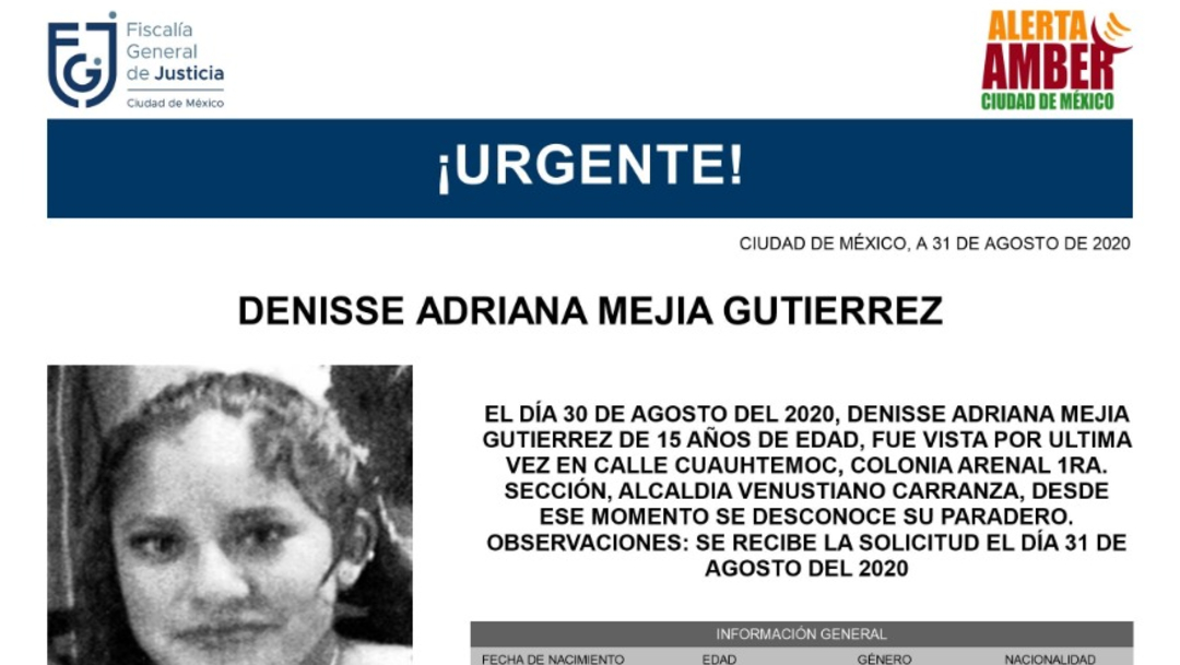 Activan Alerta Amber para localizar a Denisse Adriana Mejía Gutiérrez