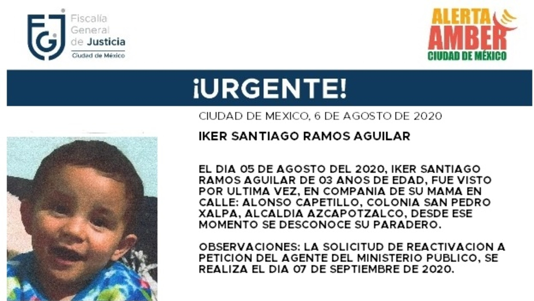 Activan Alerta Amber para localizar a Iker Santiago Ramos Aguilar