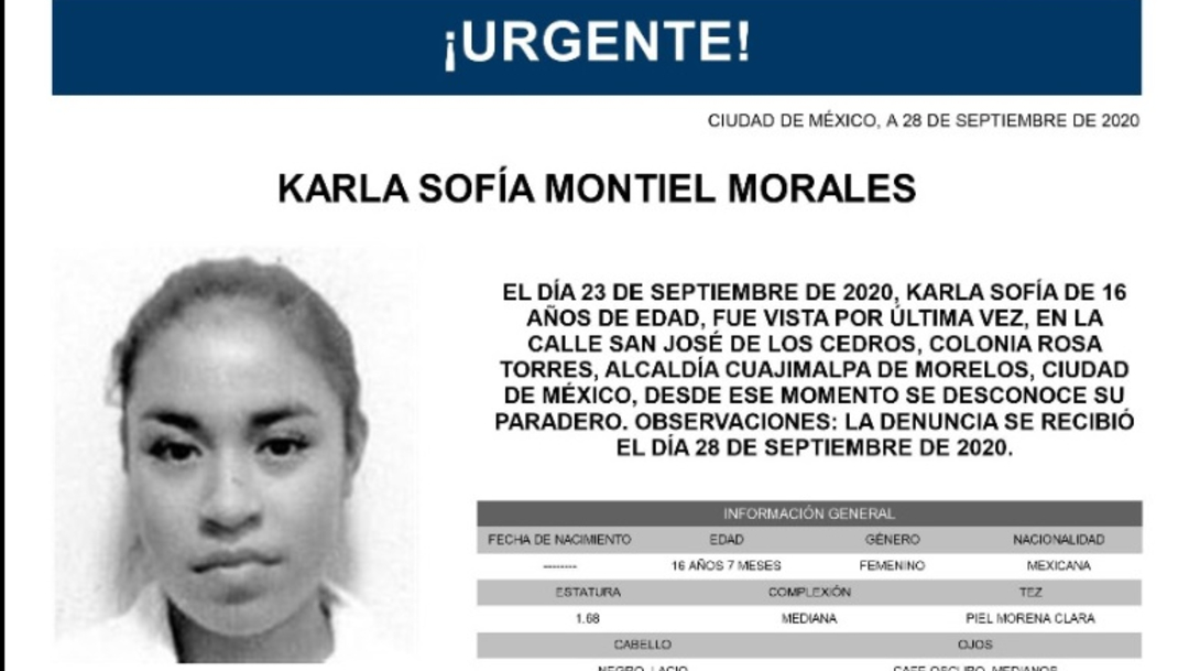 Activan Alerta Amber para localizar a Karla Sofía Montiel Morales