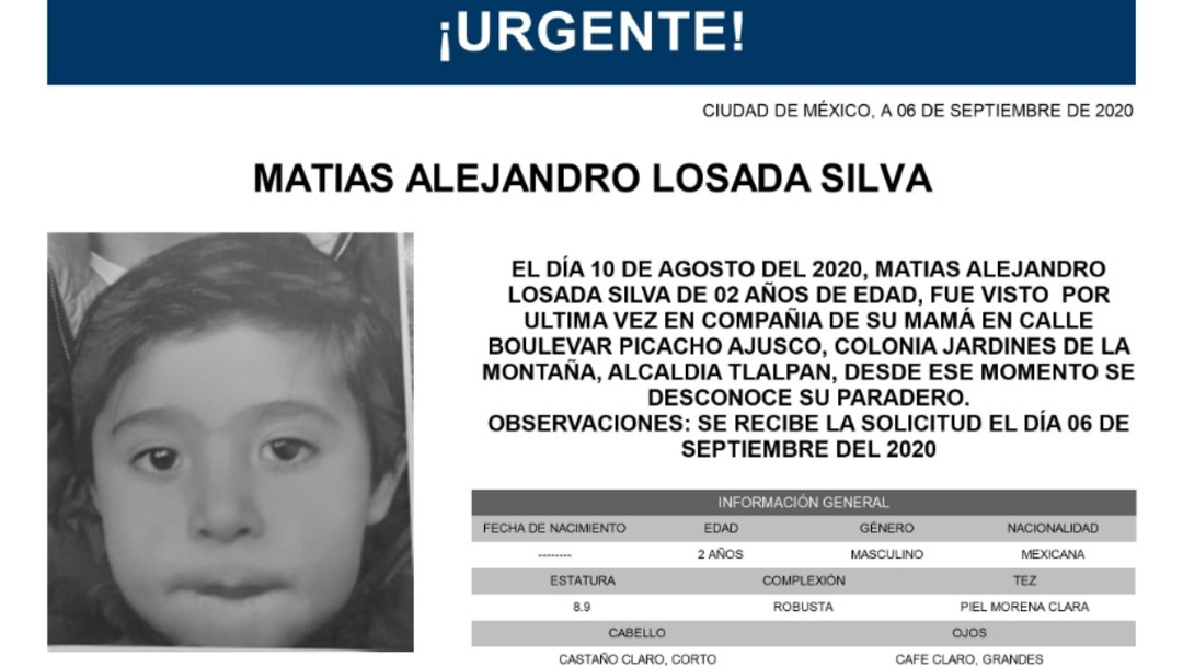 Alerta Amber para localizar a Matías Alejandro Losada Silva