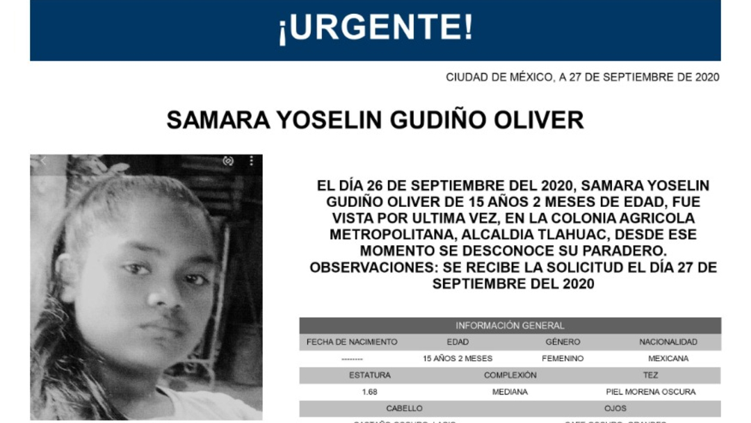 Activan Alerta Amber para localizar a Samara Yoselin Gudiño Oliver