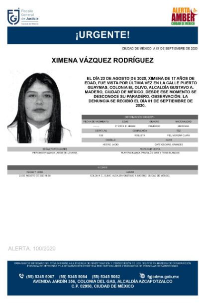 Se activa Alerta Amber para localizar a Ximena Vázquez Rodríguez.