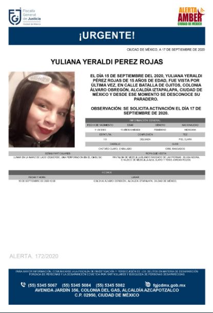 Activan Alerta Amber para localizar a Yuliana Yeraldi Pérez Rojas
