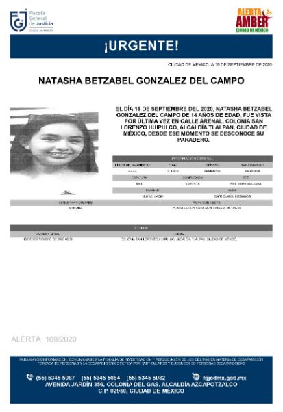 Activan Alerta Amber para localizar a Natasha Betzabel González del Campo. 