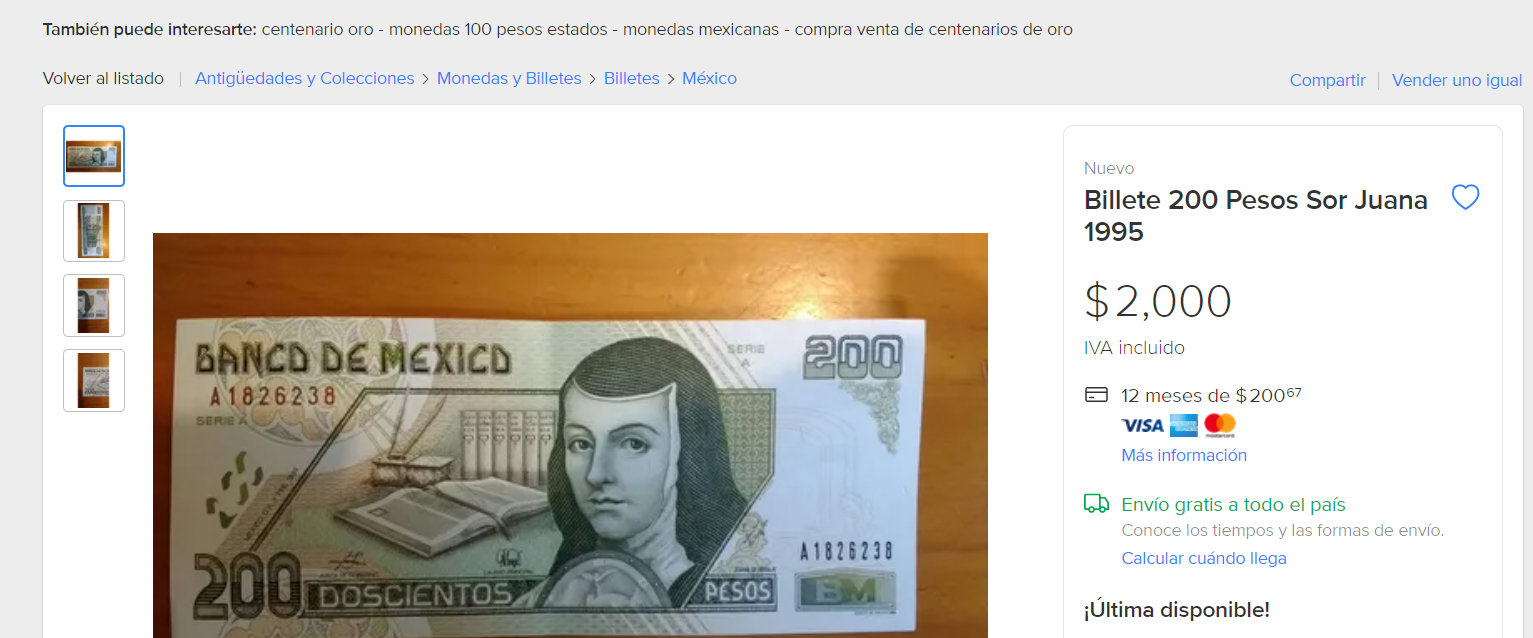 El billete de 200 pesos de Sor Juana fue distribuido por primera vez en 1994 y se vende hasta en dos mil pesos, Captura de Pantalla