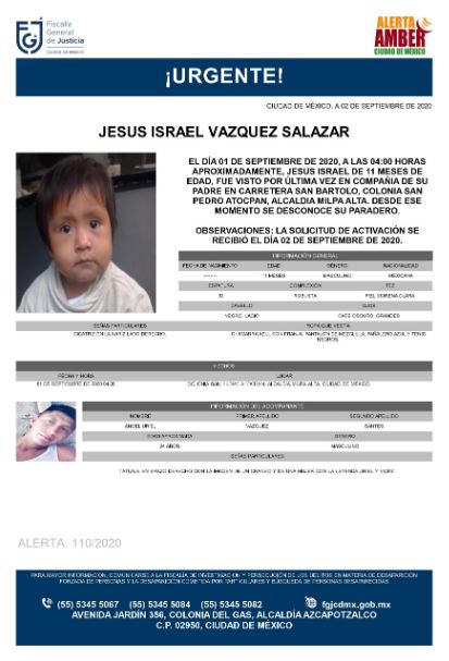 Activan Alerta Amber para localizar a Jesús Israel Vázquez Salazar.