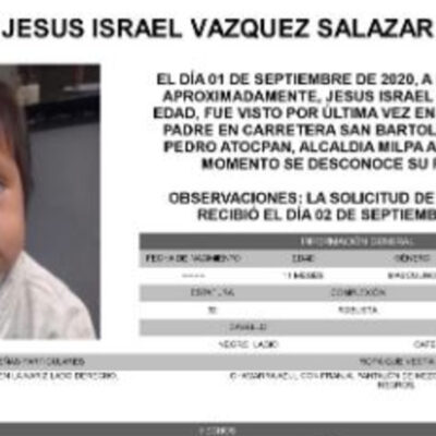 Activan Alerta Amber para localizar a Jesús Israel Vázquez Salazar