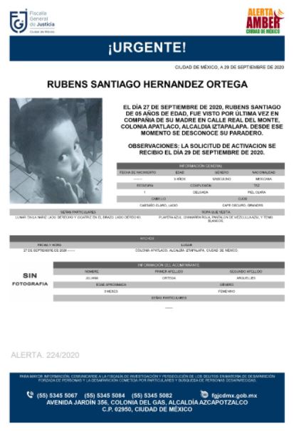 Activan Alerta Amber para localizar a Rubens Santiago Hernández Ortega