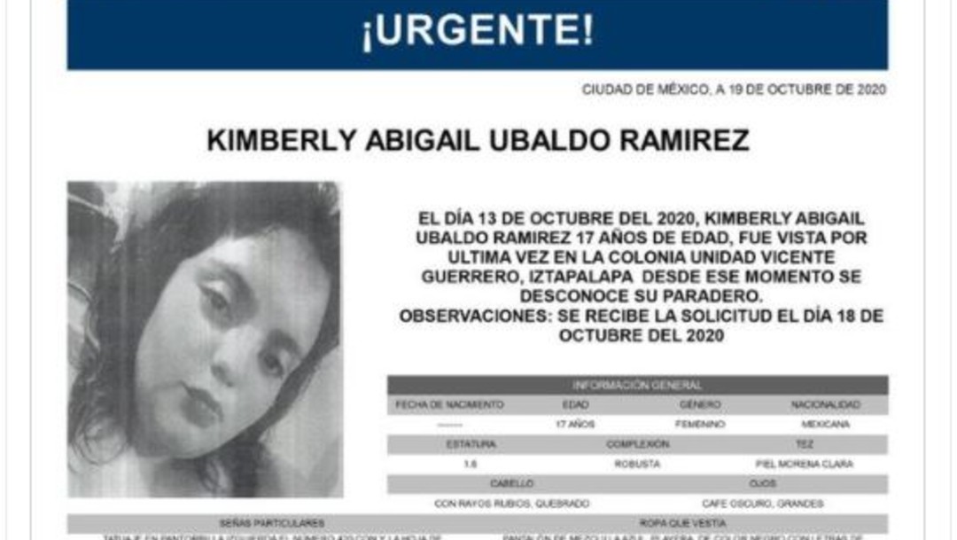 Activan Alerta Amber para localizar a Kimberly Abigail Ubaldo Ramírez