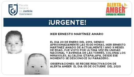 Activan Alerta Amber para localizar a Iker Ernesto Martínez Amaro