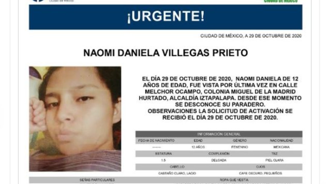 Activan Alerta Amber para localizar a Naomi Daniela Villegas Prieto