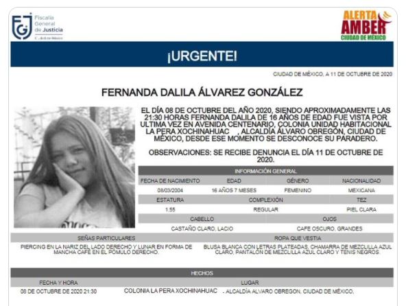 Activan Alerta Amber para localizar a Fernanda Dalila Álvarez González