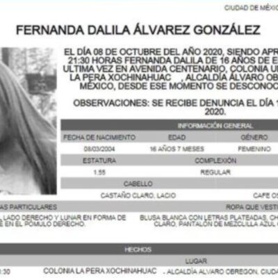 Activan Alerta Amber para localizar a Fernanda Dalila Álvarez González