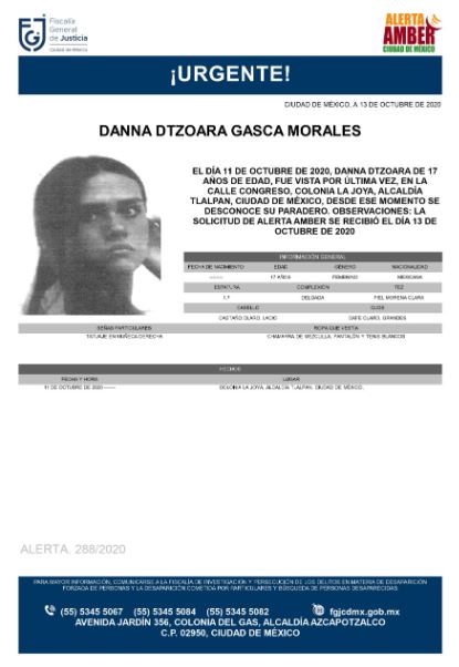 Activan Alerta Amber para localizar a Danna Dtzoara Gasca Morales