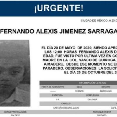 Activan Alerta Amber para localizar a Fernando Alexis Jiménez Sarraga, de 10 años de edad