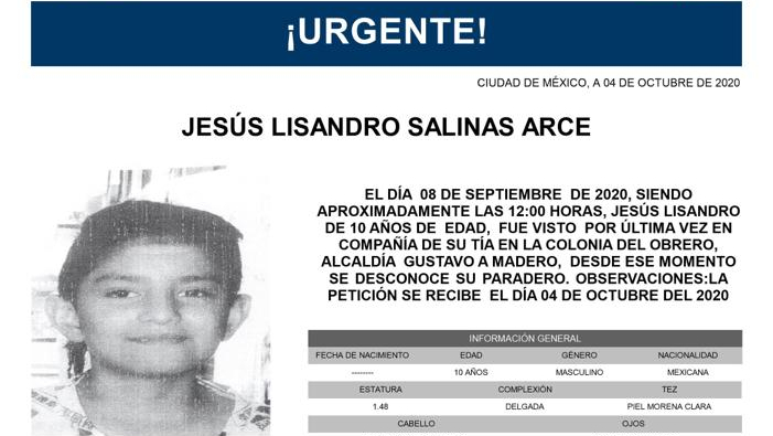 Activan Alerta Amber para localizar a Jesús Lisandro Salinas Arce