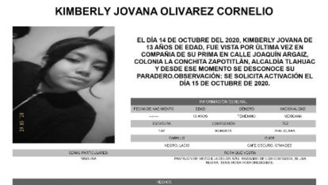 Activan Alerta Amber para localizar a Kimberly Jovana Olivarez Cornelio
