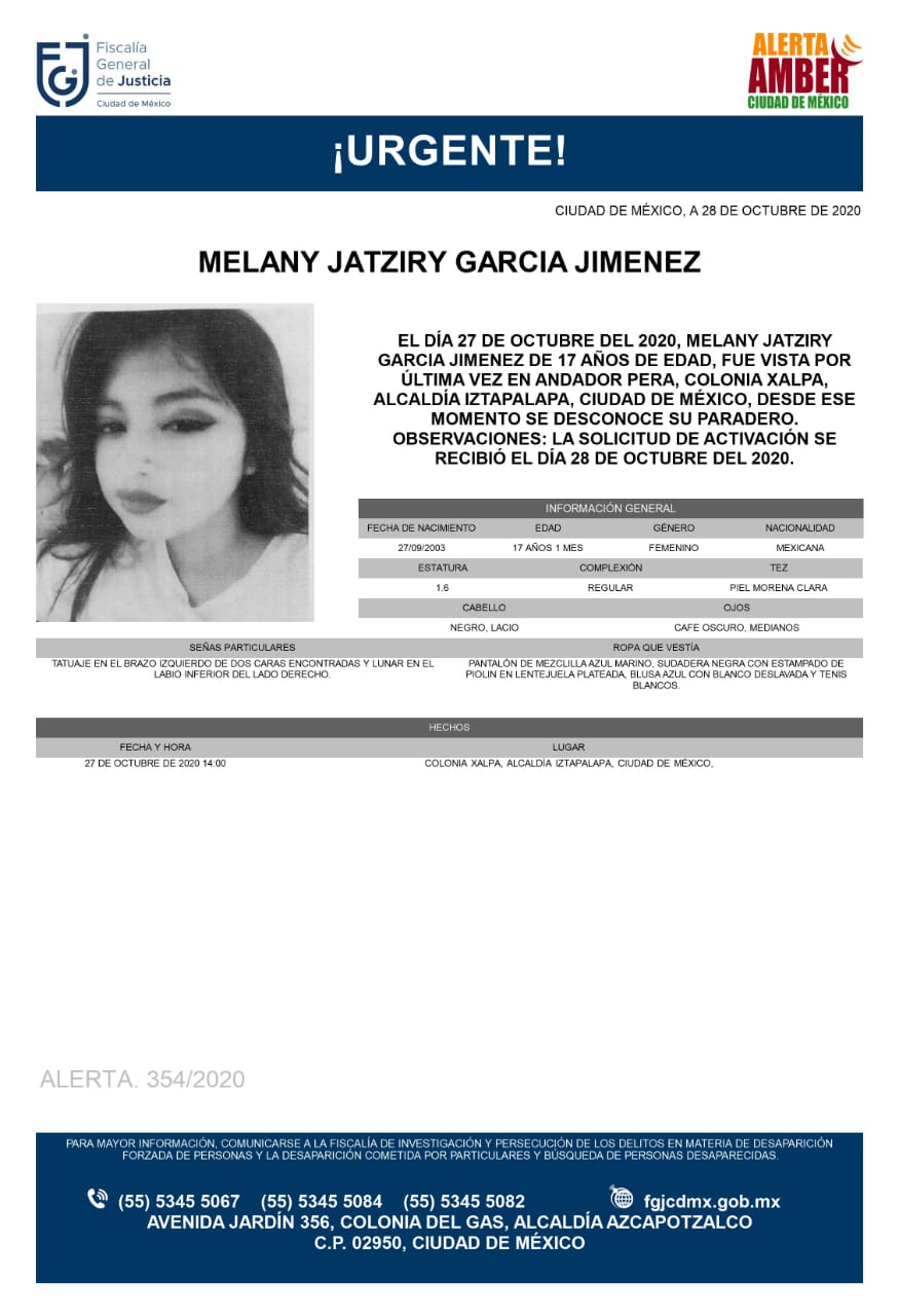 Activan Alerta Amber para localizar a Melany Jatziry García Jiménez