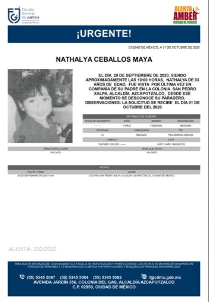 Activan Alerta Amber para localizar a Nathalya Ceballos Maya