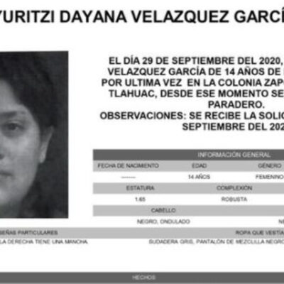 Activan Alerta Amber para localizar a Yuritzi Dayana Velázquez García