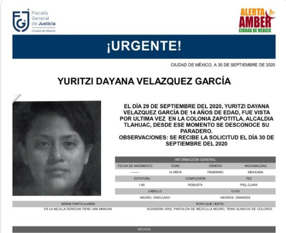 Activan Alerta Amber para localizar a Yuritzi Dayana Velázquez García