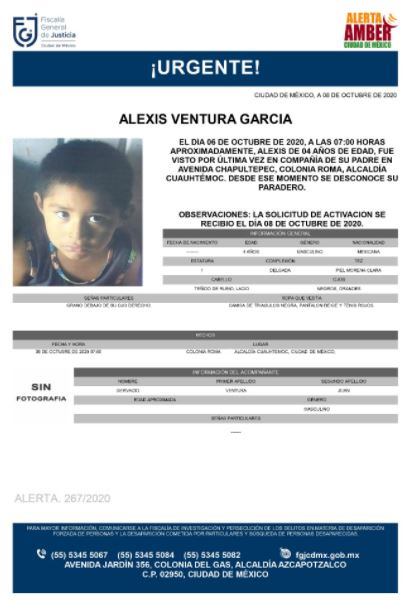 Activan Alerta Amber para localizar a Alexis Ventura García