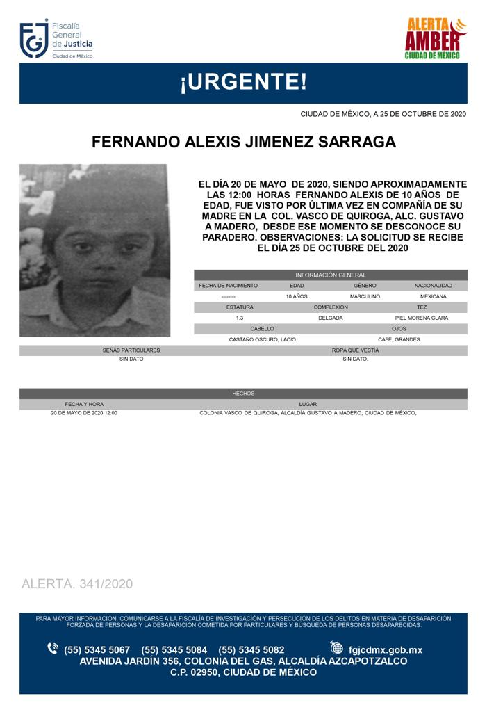 Activan Alerta Amber para localizar a Fernando Alexis Jiménez Sarraga