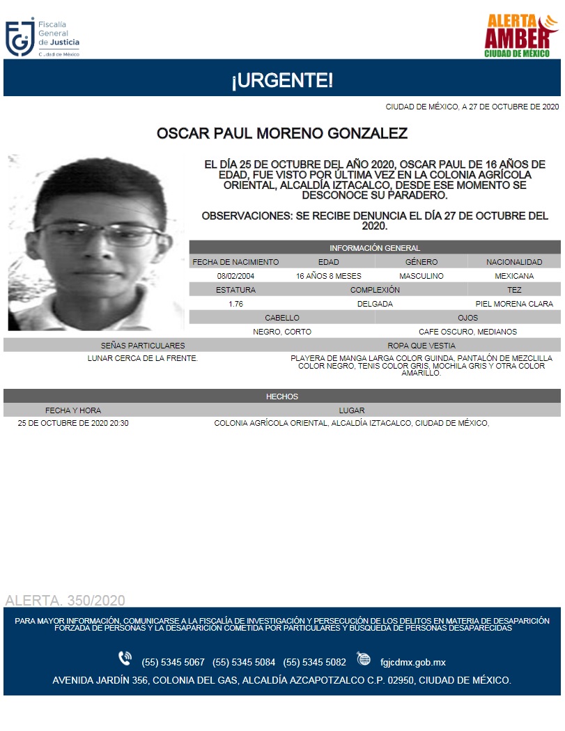 Activan Alerta Amber para localizar a Oscar Paul Moreno González