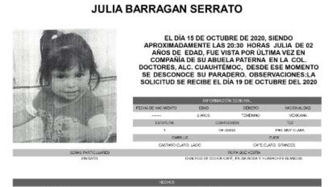 Activan Alerta Amber para localizar a Julia Barragan Serrato